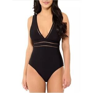 BECCA Women's Open Knit Inset One Piece Swimsuit Deep V-Neck Black Size L